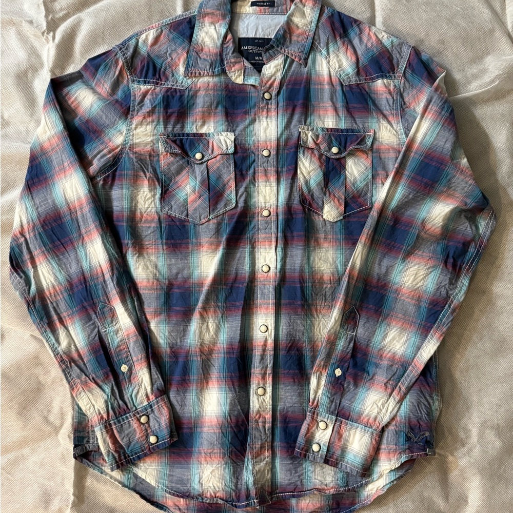American Eagle Outfitters Blue and Red Plaid Button-Down Shirt